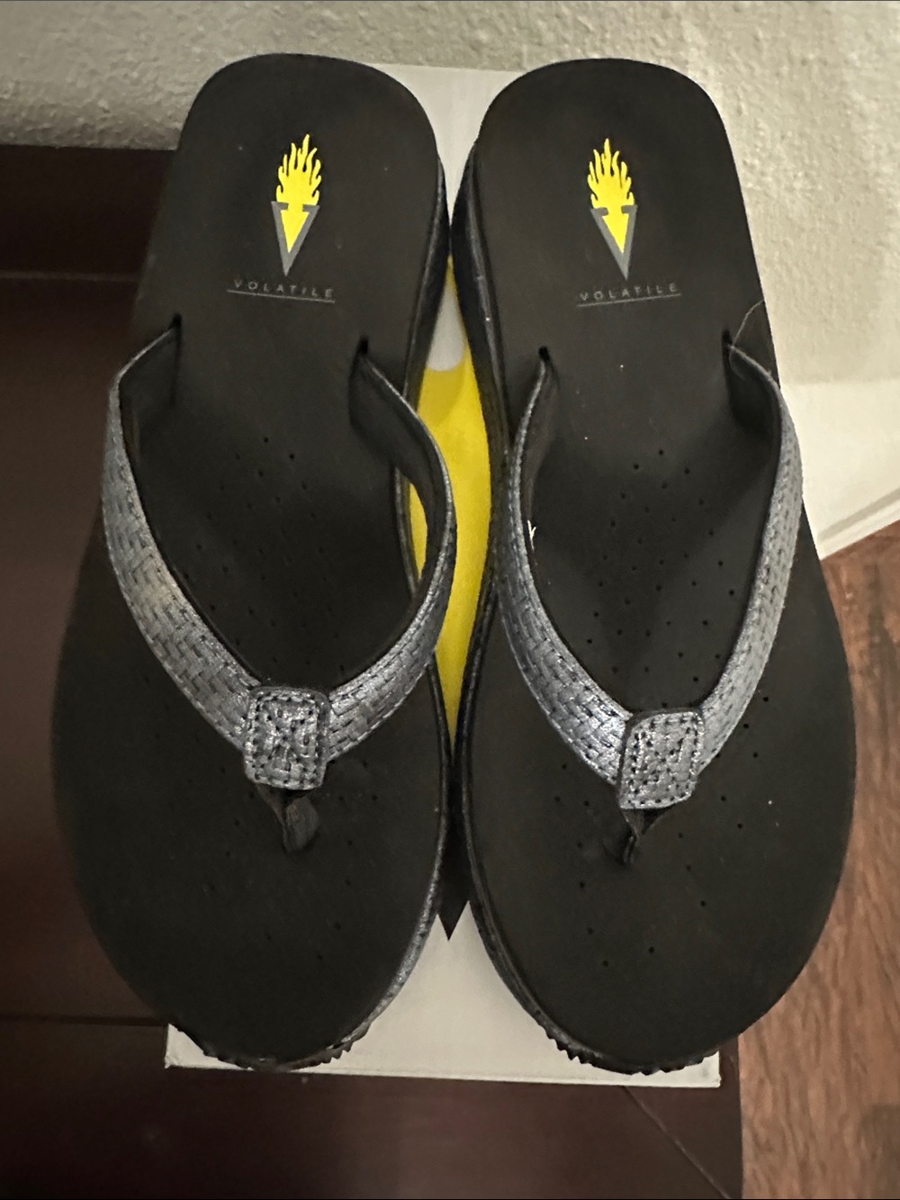 Volatile Women's Black Sandal Flip-Flops with Metallic Black Silver Straps